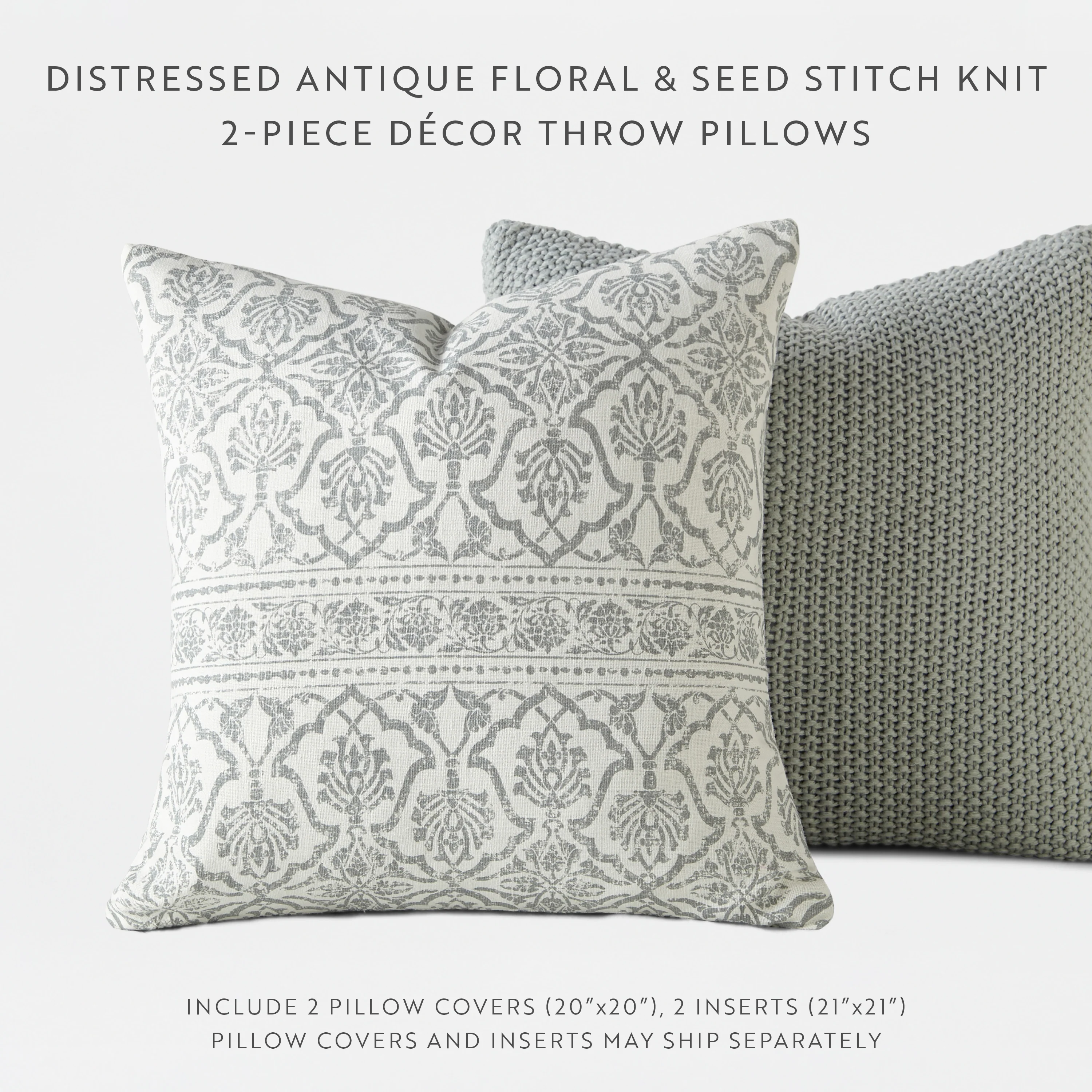 2-Pack Throw Pillows Seed Stitch Knit With Antique Floral - Image 7