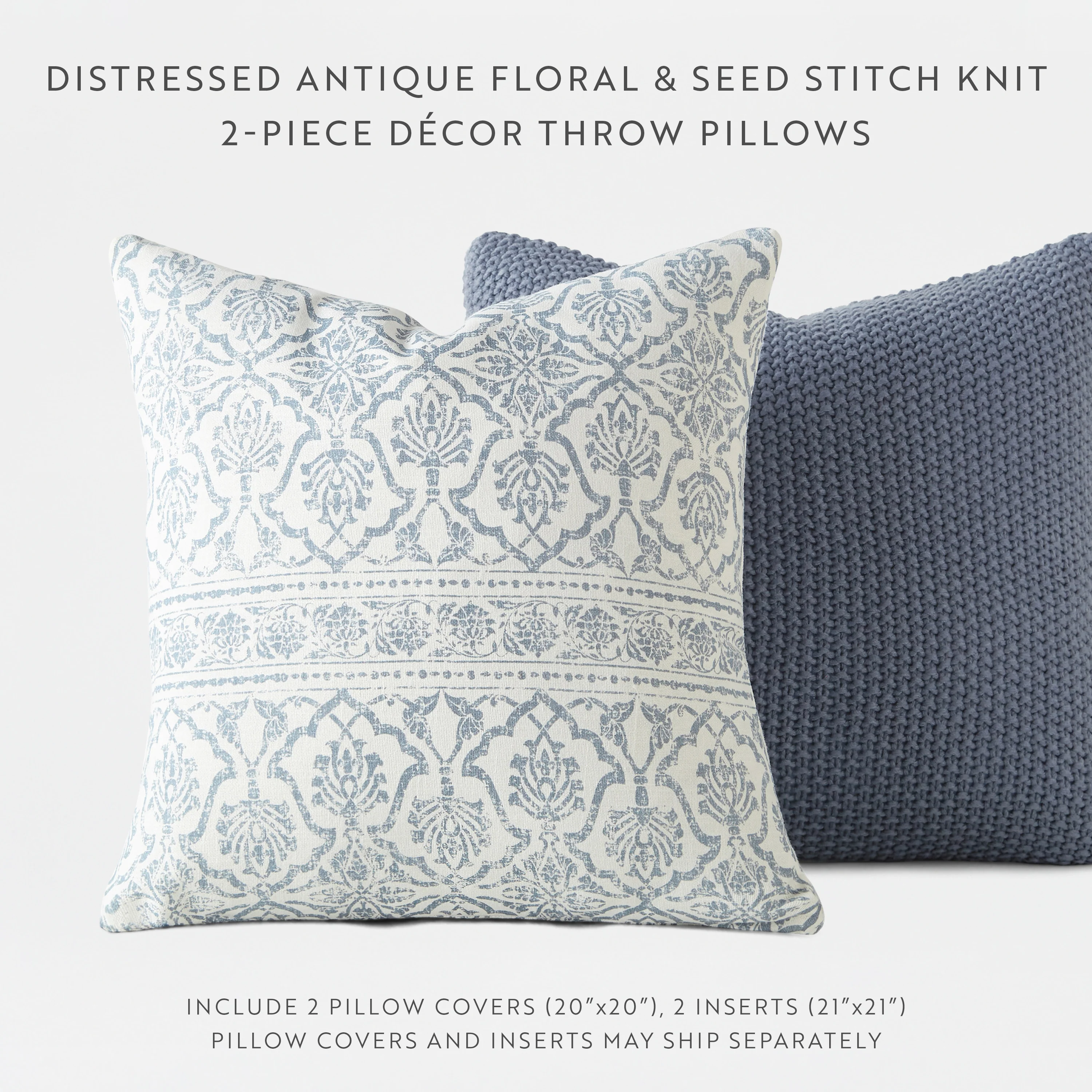 2-Pack Throw Pillows Seed Stitch Knit With Antique Floral - Image 8