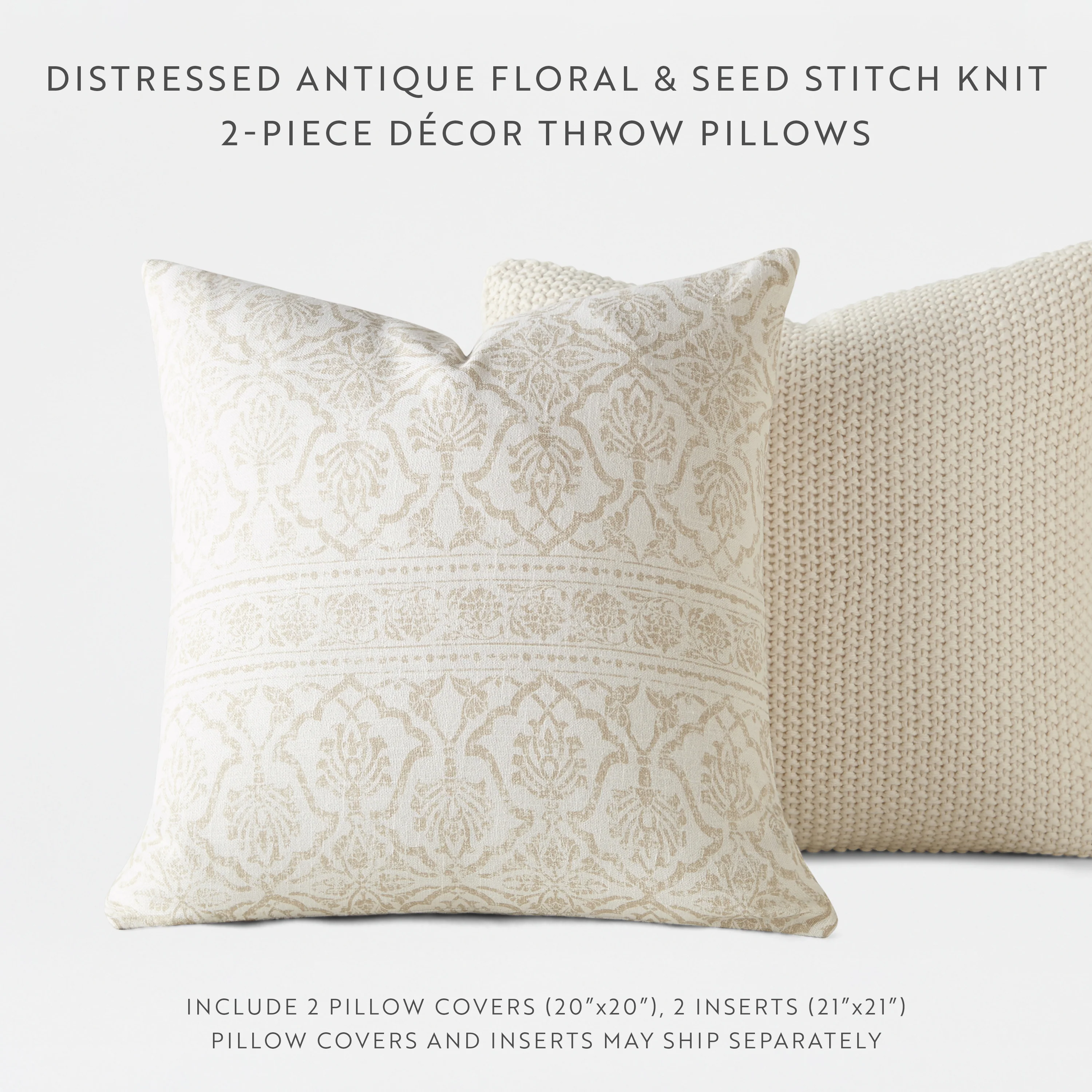 2-Pack Throw Pillows Seed Stitch Knit With Antique Floral - Image 9