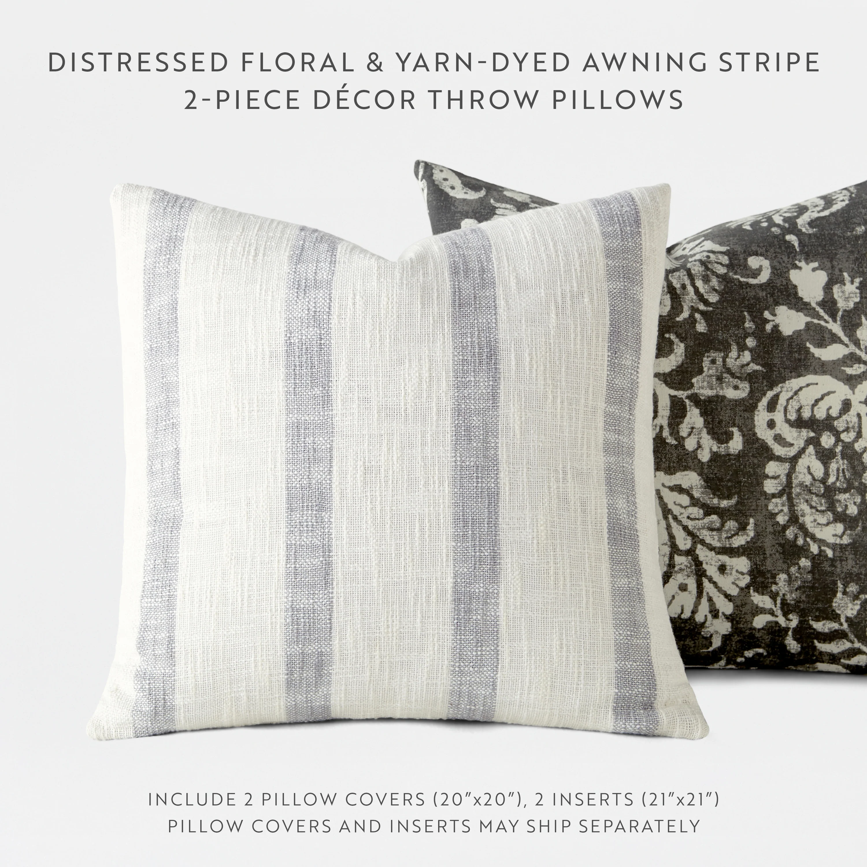 2-Pack Yarn-Dyed Awning Stripe / Distressed Floral Décor Throw Pillows - Image 3