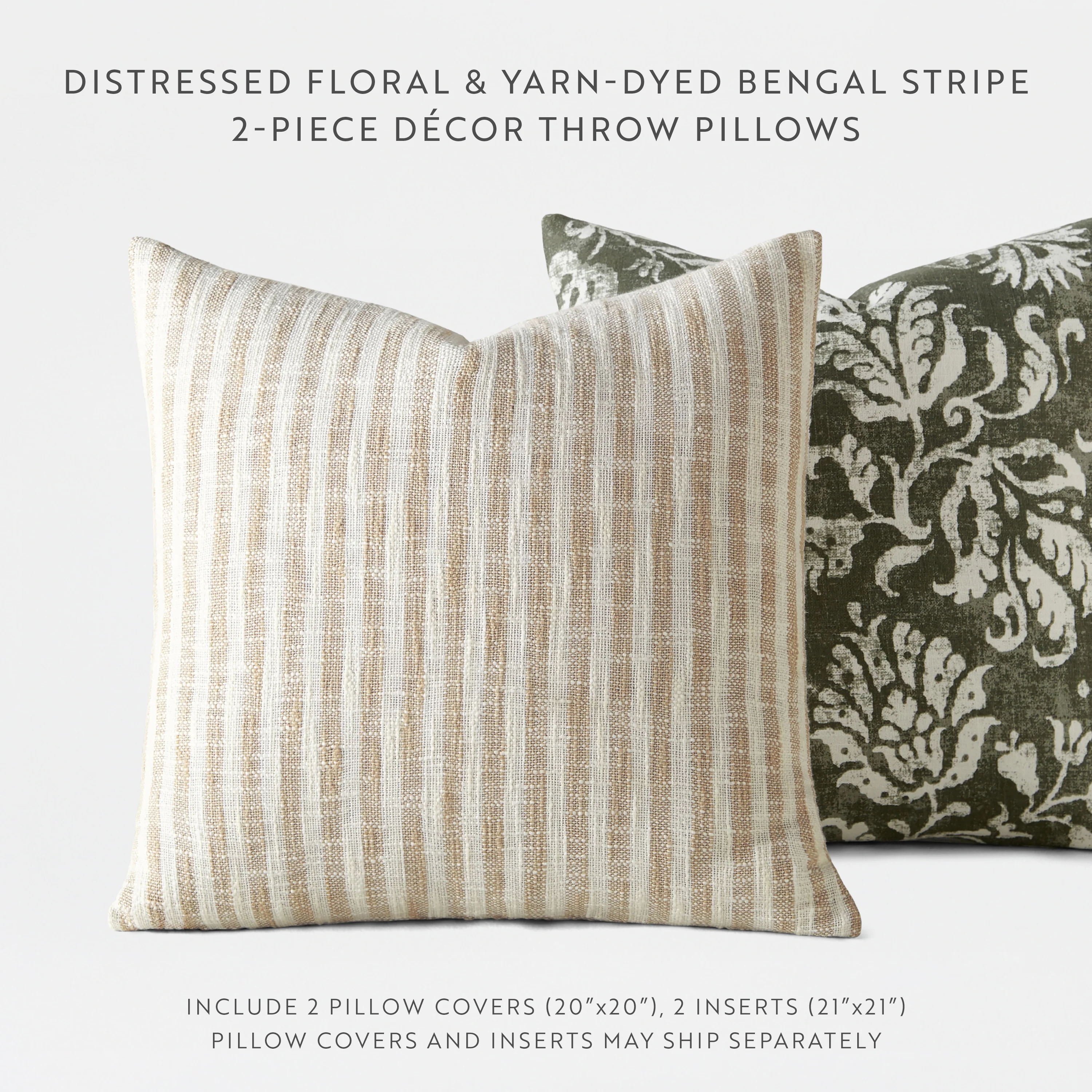 2-Pack Yarn-Dyed Bengal Stripe / Distressed Floral Décor Throw Pillows - Image 7