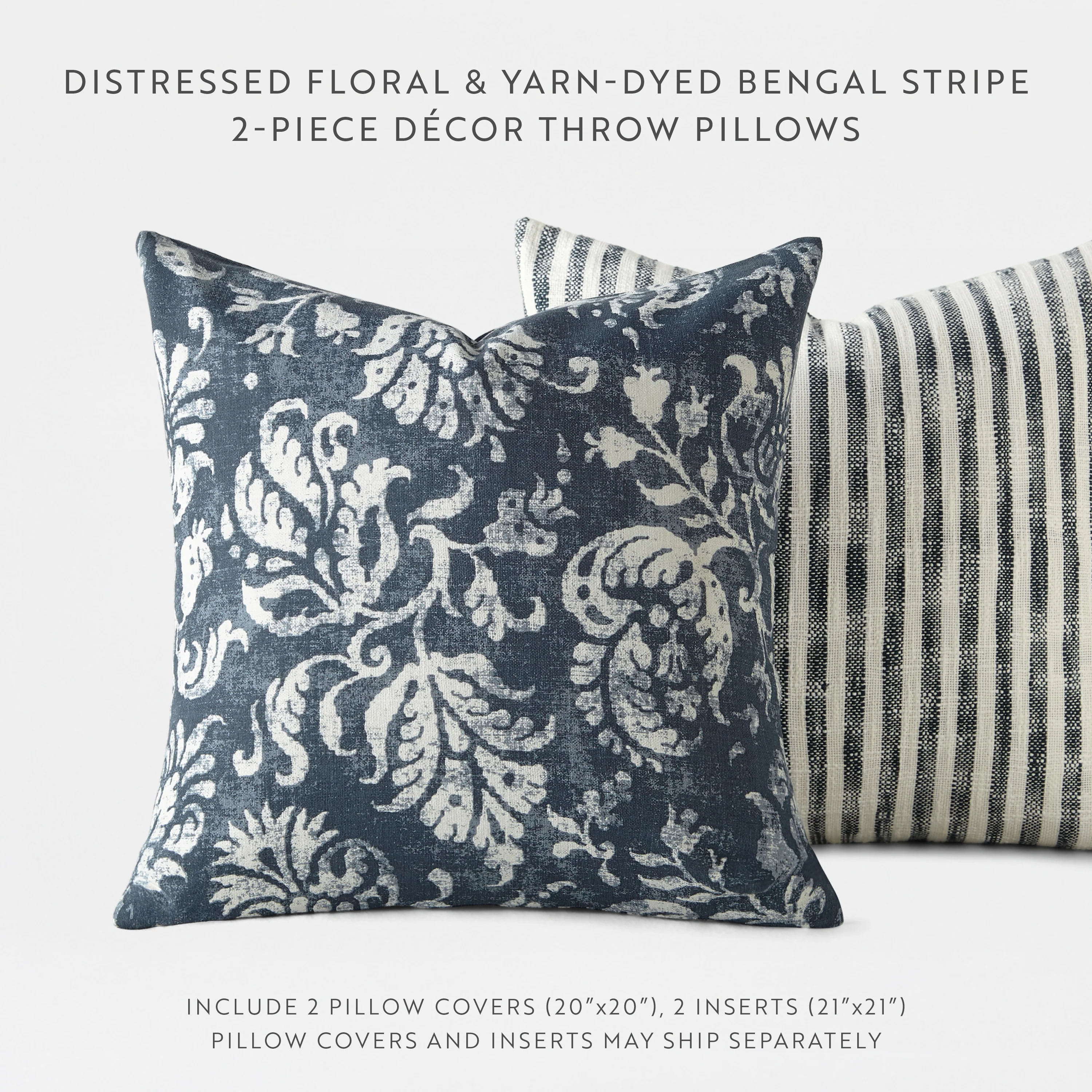 2-Pack Yarn-Dyed Bengal Stripe / Distressed Floral Décor Throw Pillows - Image 8