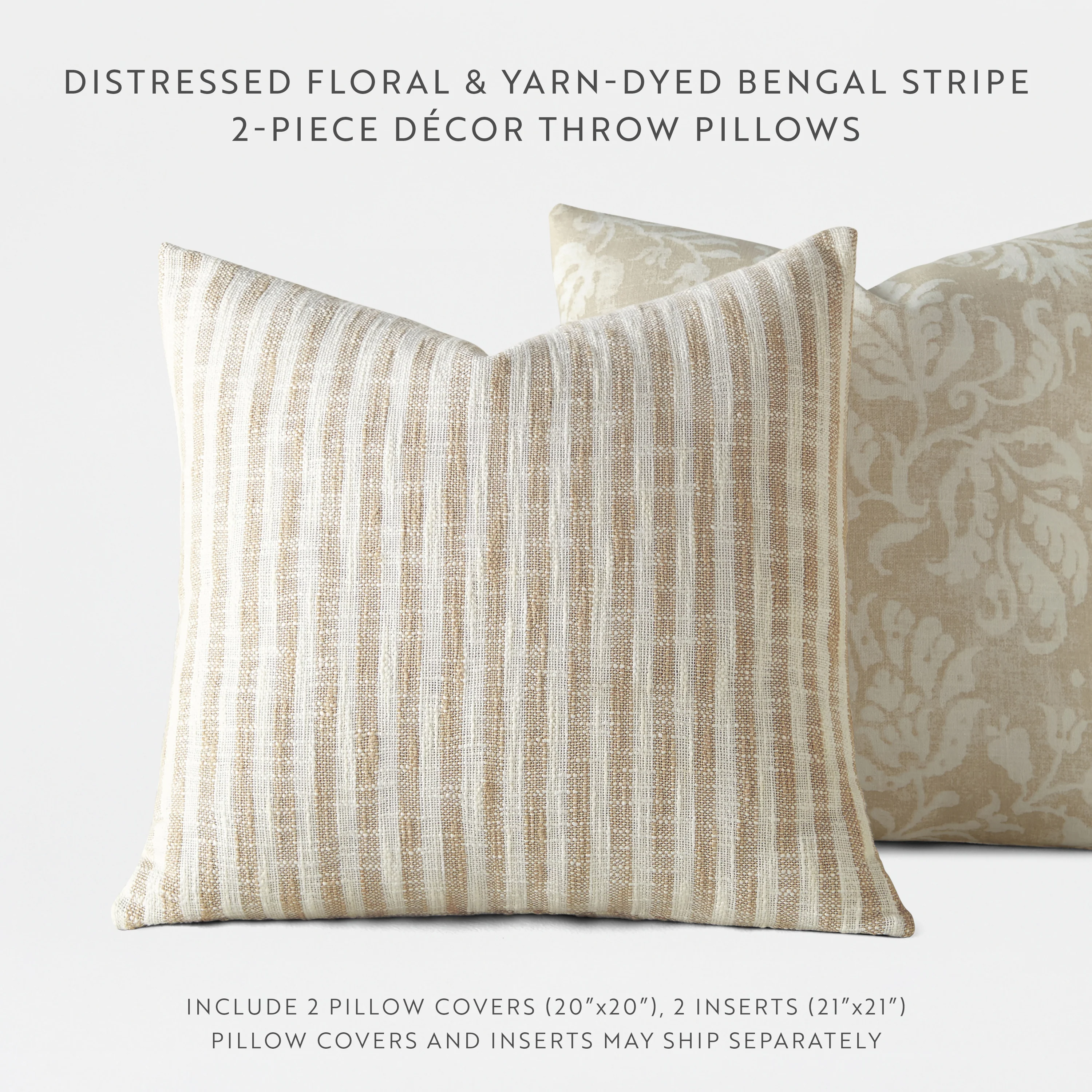 2-Pack Yarn-Dyed Bengal Stripe / Distressed Floral Décor Throw Pillows - Image 9
