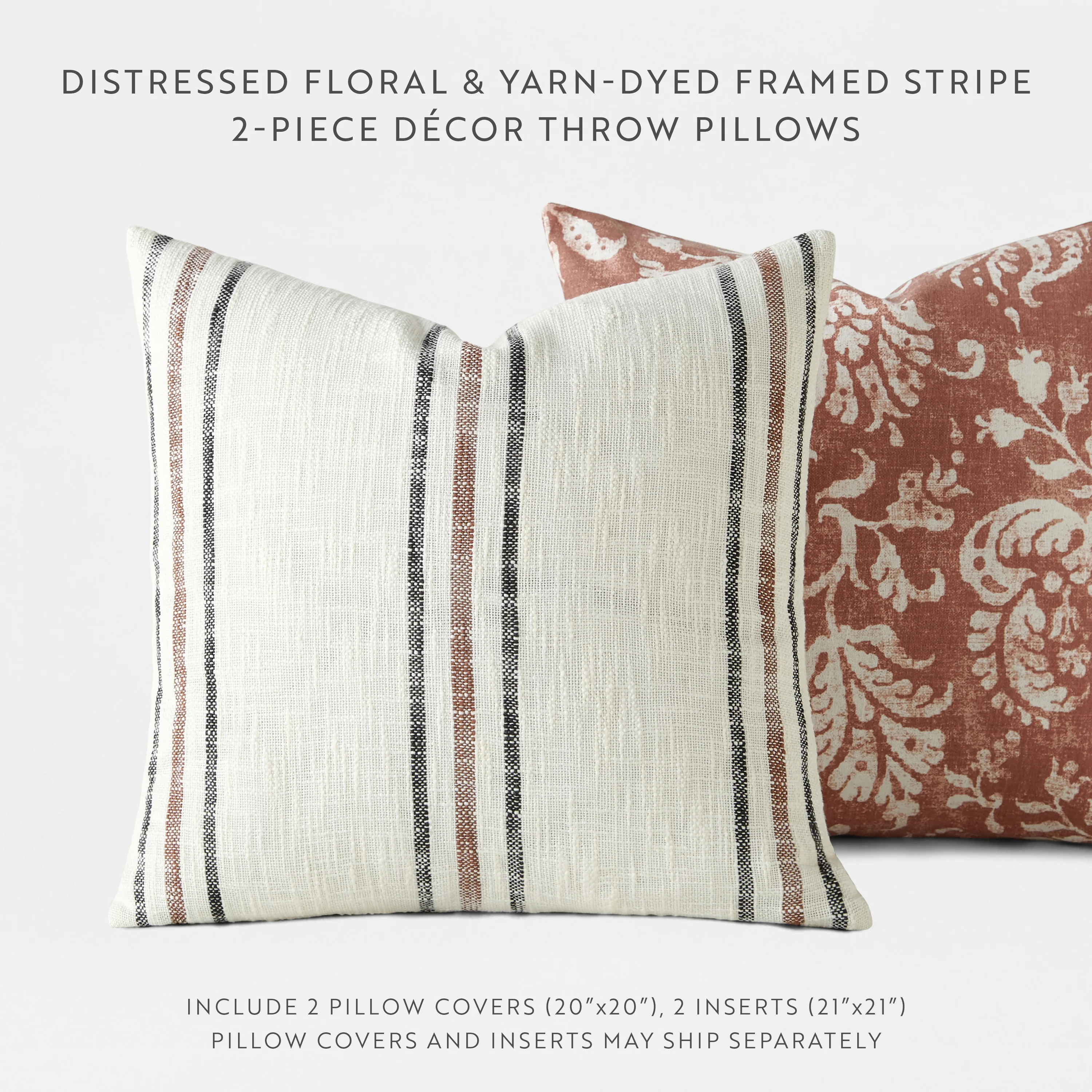 2-Pack Yarn-Dyed Framed Stripe / Distressed Floral Decor Throw Pillows - Image 3