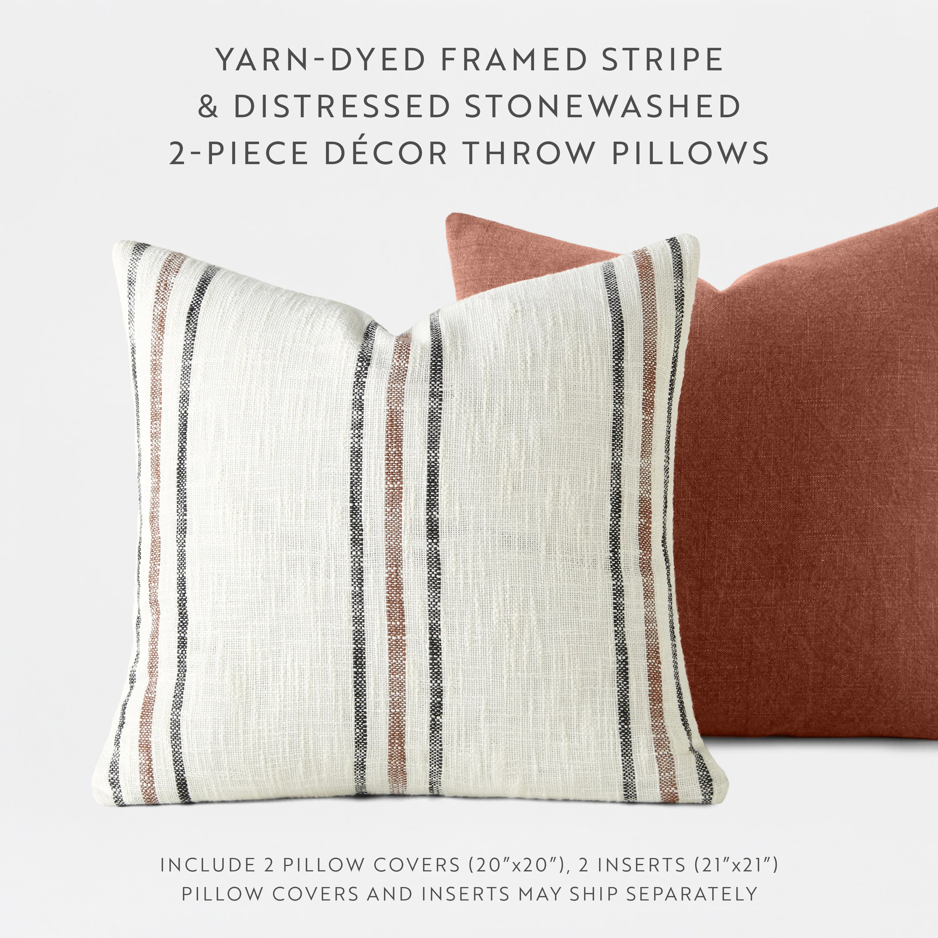2-Pack Yarn-Dyed Framed Stripe / Solid Décor Throw Pillows - Image 6