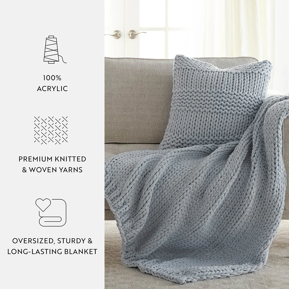 Chunky Knit Throw Blanket and Decor Pillow with Insert Bundle - Image 20