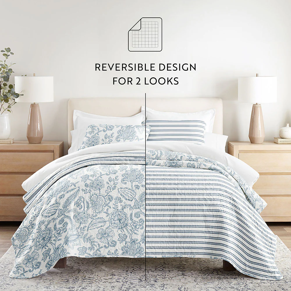 Jacobean/Stripe Reversible Quilted Coverlet Set - Image 5