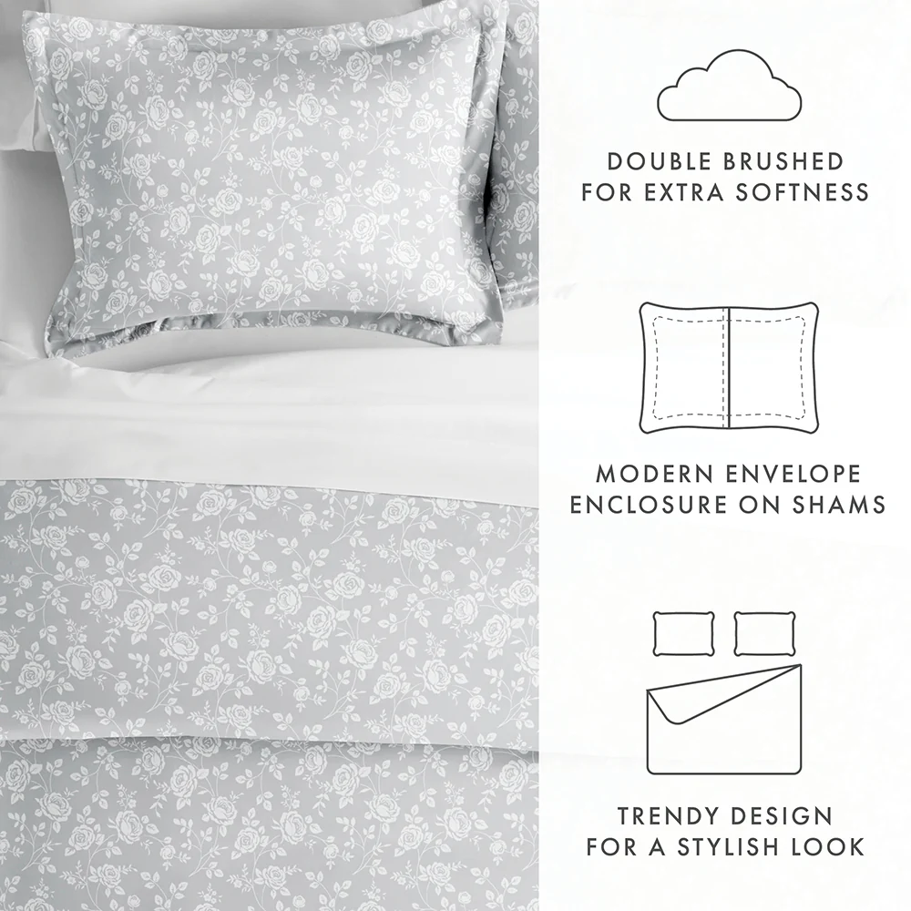 Rose Gray Pattern 3-Piece Duvet Cover Set - Image 8
