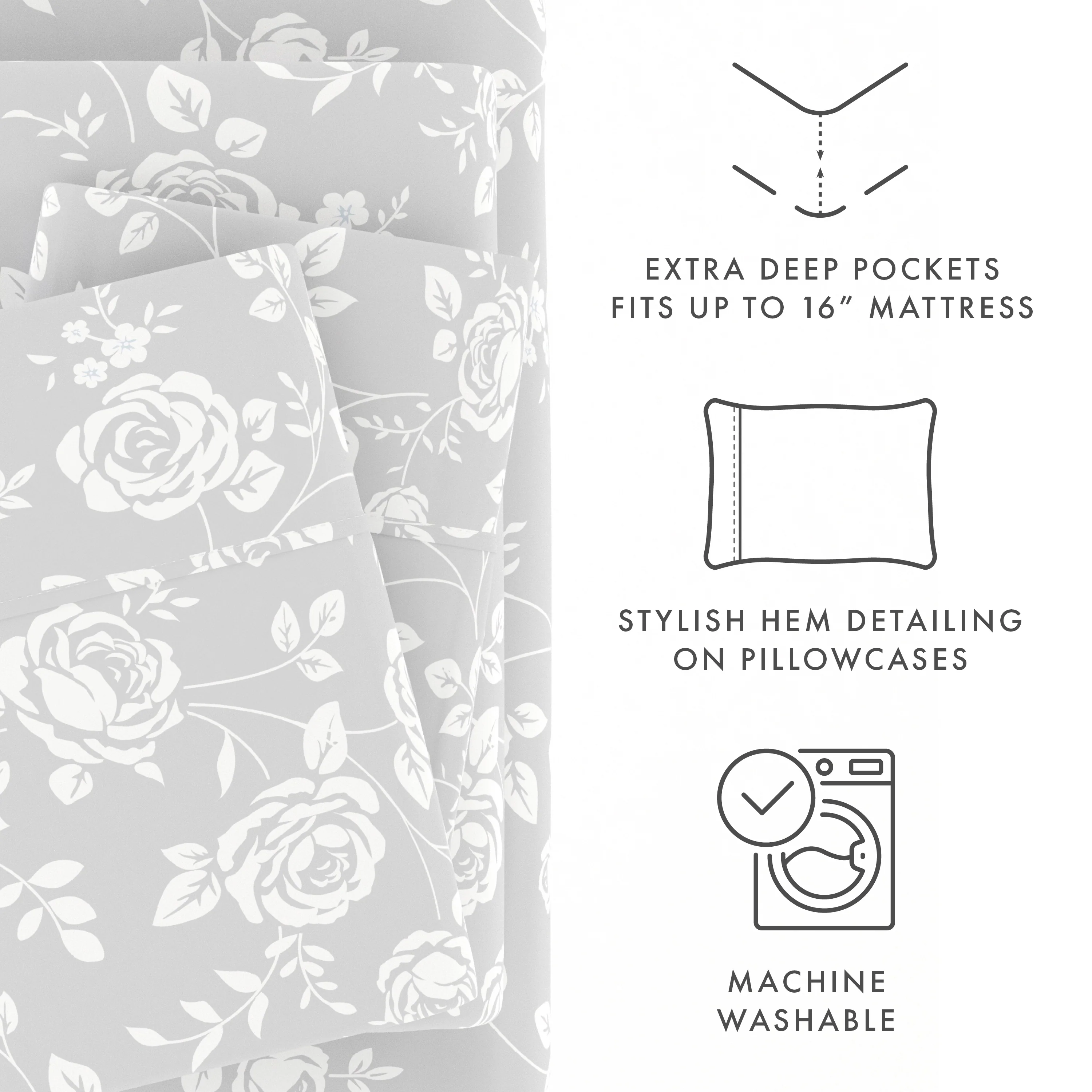 Rose Gray Pattern 4-Piece Sheet Set - Image 7