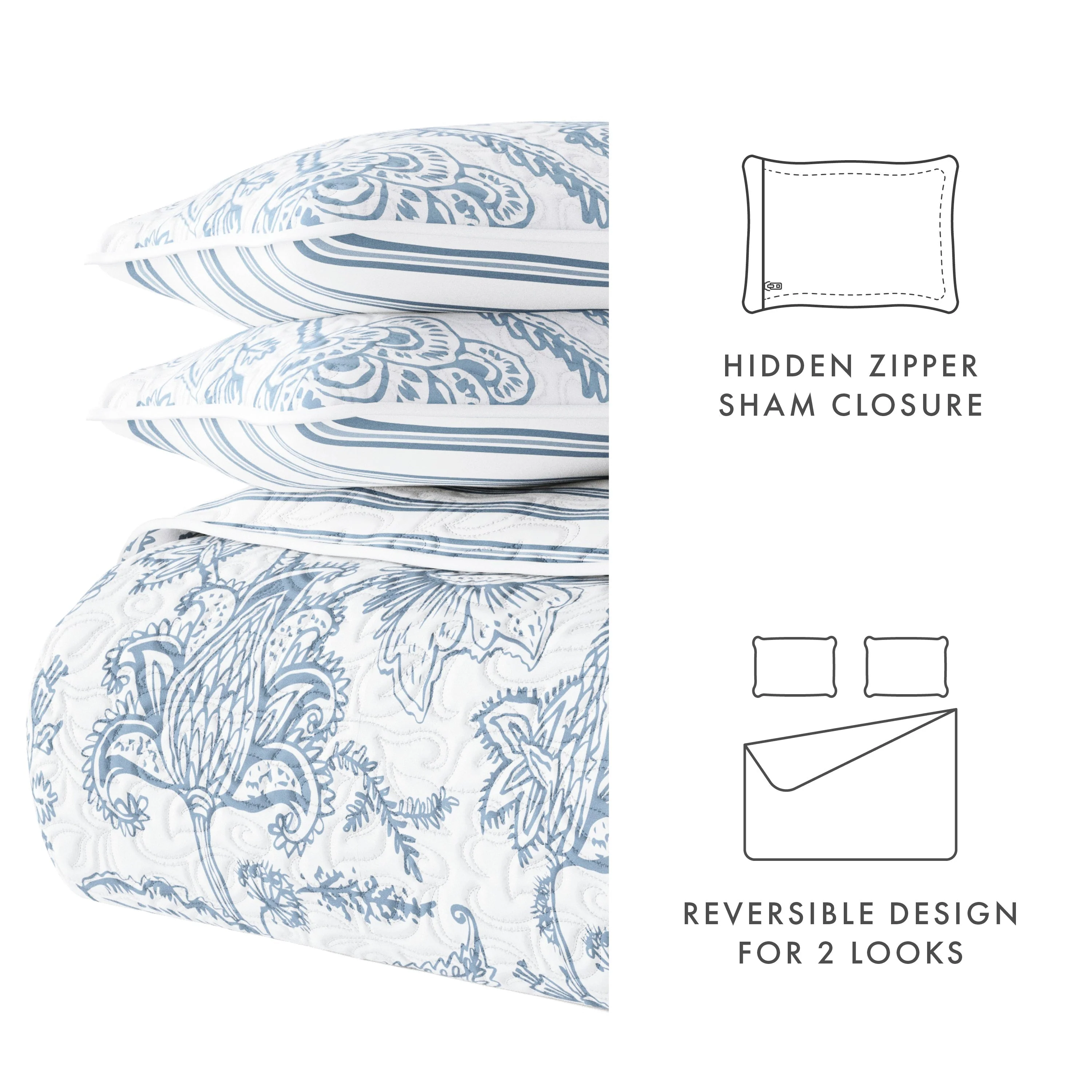 Sale - Jacobean/Stripe Reversible Quilted Coverlet Set - Image 10