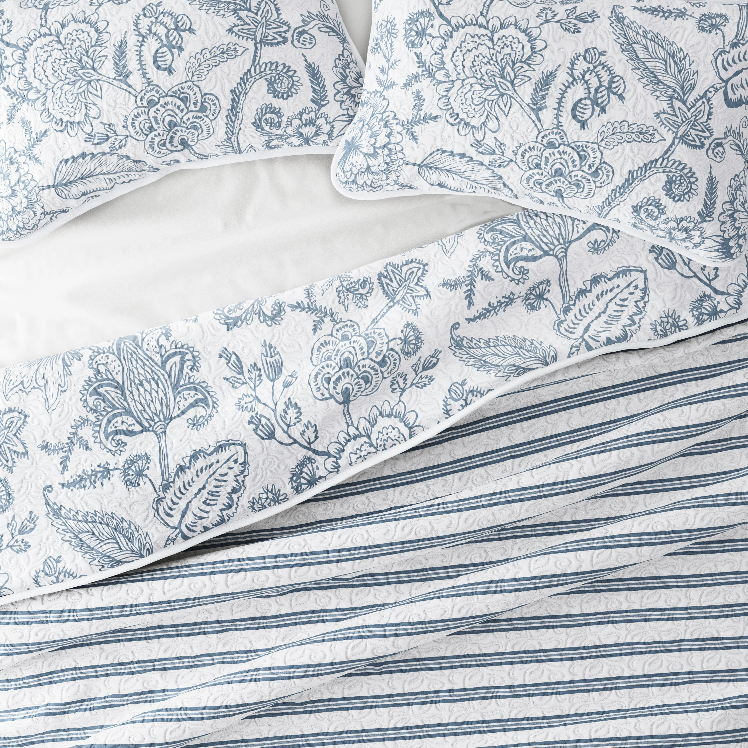 Sale - Jacobean/Stripe Reversible Quilted Coverlet Set - Image 4