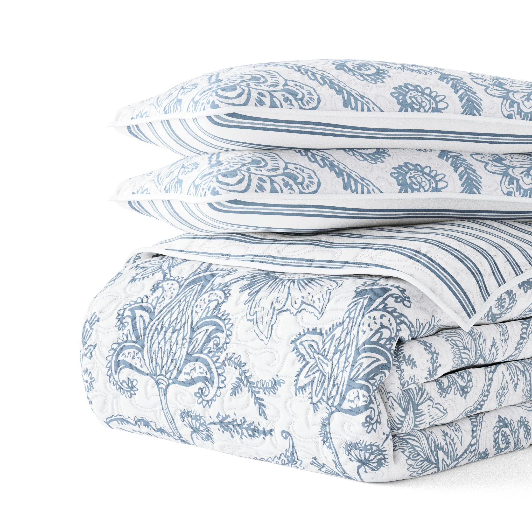 Sale - Jacobean/Stripe Reversible Quilted Coverlet Set - Image 6