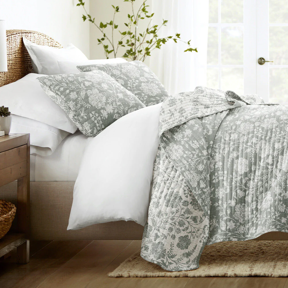 Textured Floral Reversible Quilted Coverlet Set (Sale)