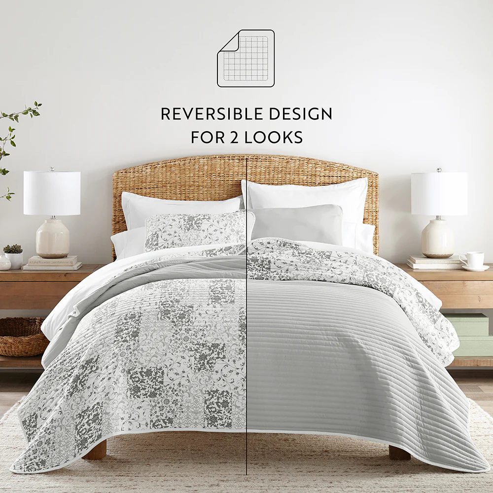 Scrolled Patchwork Reversible Quilted Coverlet Set - Image 14