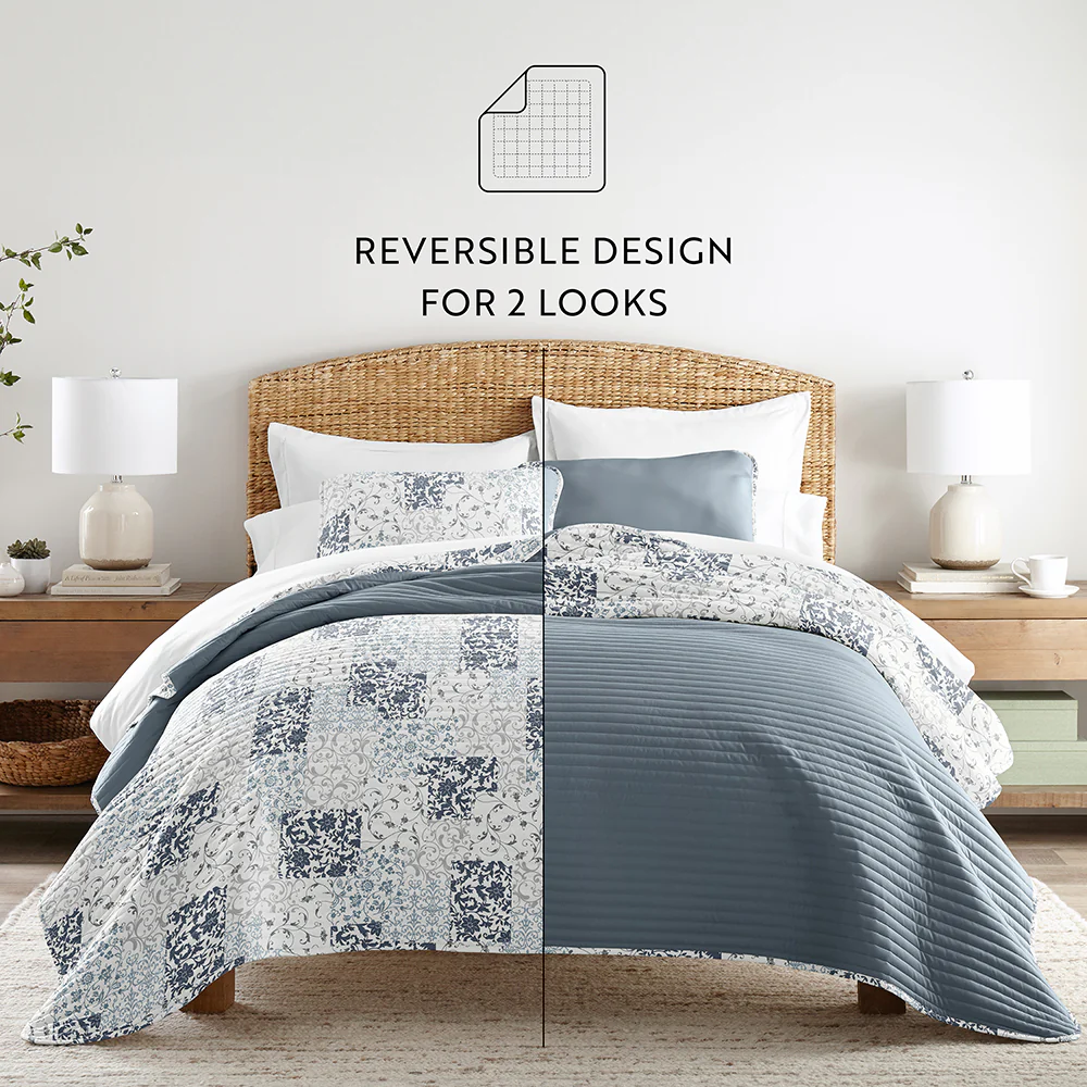 Scrolled Patchwork Reversible Quilted Coverlet Set - Image 15